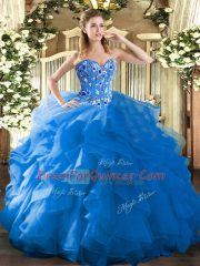 Blue Sleeveless Floor Length Embroidery and Ruffles Lace Up Sweet 16 Dress