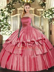 Dazzling Floor Length Coral Red Sweet 16 Quinceanera Dress Strapless Sleeveless Lace Up