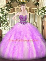 Floor Length Lilac Quinceanera Dresses Tulle Sleeveless Beading and Ruffles