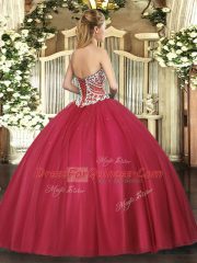 Custom Fit Red Quince Ball Gowns Military Ball and Sweet 16 and Quinceanera with Beading Sweetheart Sleeveless Lace Up