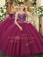 Shining Fuchsia Sleeveless Tulle Lace Up Sweet 16 Dresses for Military Ball and Sweet 16 and Quinceanera
