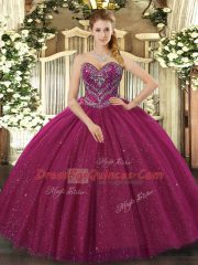 Shining Fuchsia Sleeveless Tulle Lace Up Sweet 16 Dresses for Military Ball and Sweet 16 and Quinceanera