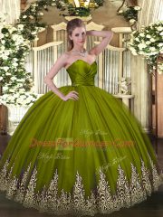 Sleeveless Tulle Floor Length Zipper Quince Ball Gowns in Olive Green with Appliques