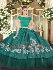 Fine Teal Short Sleeves Floor Length Embroidery Zipper 15 Quinceanera Dress