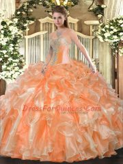 Ball Gowns Quinceanera Dress Orange Sweetheart Organza Sleeveless Floor Length Lace Up