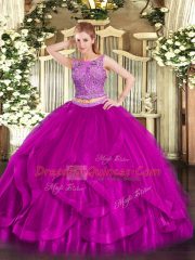 Scoop Sleeveless Quinceanera Gowns Floor Length Beading and Ruffles Fuchsia Organza