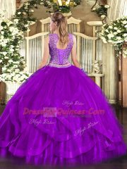 Scoop Sleeveless Quinceanera Gowns Floor Length Beading and Ruffles Fuchsia Organza