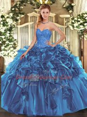 Blue Sleeveless Beading and Ruffles Floor Length Quinceanera Dresses