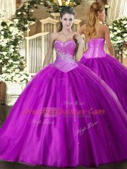 Sleeveless Floor Length Beading Lace Up Quince Ball Gowns with Purple