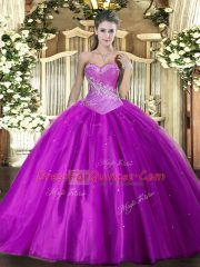 Sleeveless Floor Length Beading Lace Up Quince Ball Gowns with Purple
