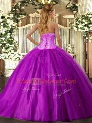 Sleeveless Floor Length Beading Lace Up Quince Ball Gowns with Purple