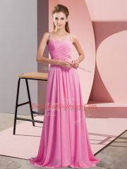 Spaghetti Straps Sleeveless Chiffon Prom Party Dress Ruching Sweep Train Backless