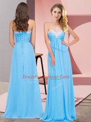 Chic Aqua Blue Empire Chiffon Sweetheart Sleeveless Ruching Floor Length Lace Up Prom Evening Gown