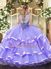 Clearance Sleeveless Organza Floor Length Zipper Ball Gown Prom Dress in Peach with Beading and Ruffled Layers