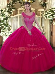 On Sale Hot Pink Ball Gowns Tulle Scoop Sleeveless Beading Floor Length Backless Sweet 16 Dress