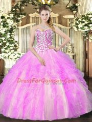 Super Sleeveless Floor Length Beading and Ruffles Lace Up Ball Gown Prom Dress with Lilac