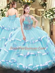 Glorious Sleeveless Floor Length Beading and Ruffled Layers Lace Up Quince Ball Gowns with Aqua Blue