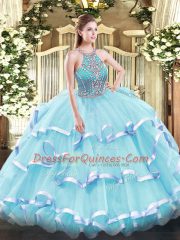 Glorious Sleeveless Floor Length Beading and Ruffled Layers Lace Up Quince Ball Gowns with Aqua Blue