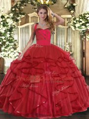 Graceful Wine Red Tulle Lace Up Halter Top Sleeveless Floor Length Sweet 16 Dresses Ruffles