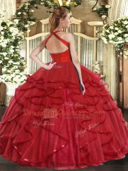 Graceful Wine Red Tulle Lace Up Halter Top Sleeveless Floor Length Sweet 16 Dresses Ruffles