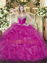 Fuchsia Lace Up Quince Ball Gowns Beading and Ruffles Sleeveless Floor Length