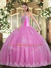 Hot Sale Floor Length Lace Up Quinceanera Gown Rose Pink for Military Ball and Sweet 16 and Quinceanera with Beading and Appliques