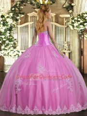 Hot Sale Floor Length Lace Up Quinceanera Gown Rose Pink for Military Ball and Sweet 16 and Quinceanera with Beading and Appliques
