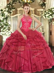 Unique Organza High-neck Sleeveless Lace Up Beading and Ruffles Quinceanera Dresses in Coral Red
