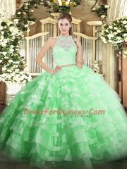 Eye-catching Apple Green 15 Quinceanera Dress Military Ball and Sweet 16 and Quinceanera with Lace and Ruffled Layers Scoop Sleeveless Zipper