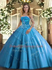 Sleeveless Tulle Floor Length Lace Up Quinceanera Gown in Baby Blue with Beading and Appliques