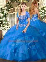 Baby Blue Tulle Lace Up Sweetheart Sleeveless Floor Length Vestidos de Quinceanera Beading and Ruffles