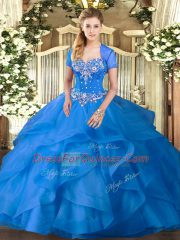 Baby Blue Tulle Lace Up Sweetheart Sleeveless Floor Length Vestidos de Quinceanera Beading and Ruffles