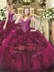 Floor Length Fuchsia Vestidos de Quinceanera Organza Sleeveless Beading and Ruffles