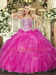 Perfect Fuchsia Tulle Lace Up Quinceanera Dresses Sleeveless Floor Length Beading and Ruffles