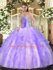 Lavender Ball Gowns Beading and Ruffles Vestidos de Quinceanera Lace Up Tulle Sleeveless Floor Length