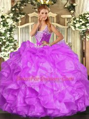 Dynamic Sleeveless Floor Length Beading and Ruffles Lace Up 15 Quinceanera Dress with Lilac