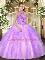 Custom Made Sleeveless Organza Floor Length Lace Up Sweet 16 Dress in Lilac with Embroidery