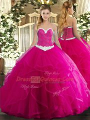 Adorable Fuchsia Lace Up Sweetheart Appliques and Ruffles Vestidos de Quinceanera Tulle Sleeveless