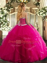 Adorable Fuchsia Lace Up Sweetheart Appliques and Ruffles Vestidos de Quinceanera Tulle Sleeveless