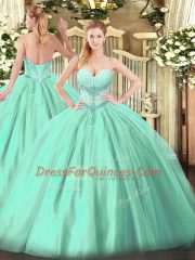 Amazing Turquoise Tulle Lace Up Sweetheart Sleeveless Floor Length Ball Gown Prom Dress Beading