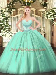 Amazing Turquoise Tulle Lace Up Sweetheart Sleeveless Floor Length Ball Gown Prom Dress Beading