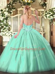 Amazing Turquoise Tulle Lace Up Sweetheart Sleeveless Floor Length Ball Gown Prom Dress Beading