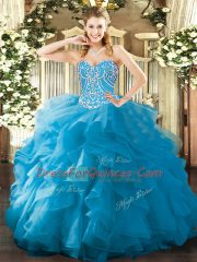 Admirable Floor Length Ball Gowns Sleeveless Aqua Blue Quince Ball Gowns Lace Up