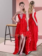 Red Lace Up Homecoming Dress Beading Sleeveless High Low Sweep Train