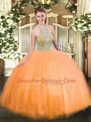 Orange Lace Up Sweet 16 Dress Beading Sleeveless Floor Length