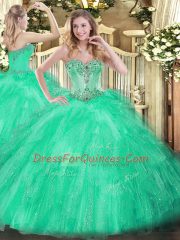 Pretty Apple Green Ball Gowns Beading and Ruffles Sweet 16 Dresses Lace Up Tulle Sleeveless Floor Length