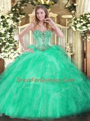 Pretty Apple Green Ball Gowns Beading and Ruffles Sweet 16 Dresses Lace Up Tulle Sleeveless Floor Length