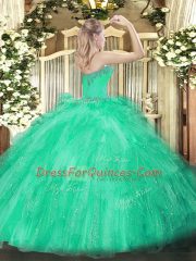 Pretty Apple Green Ball Gowns Beading and Ruffles Sweet 16 Dresses Lace Up Tulle Sleeveless Floor Length