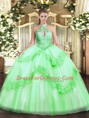 Chic Apple Green Sleeveless Floor Length Appliques and Sequins Lace Up Quinceanera Dress