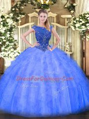 Sleeveless Tulle Floor Length Zipper Quinceanera Dress in Blue with Beading and Ruffles